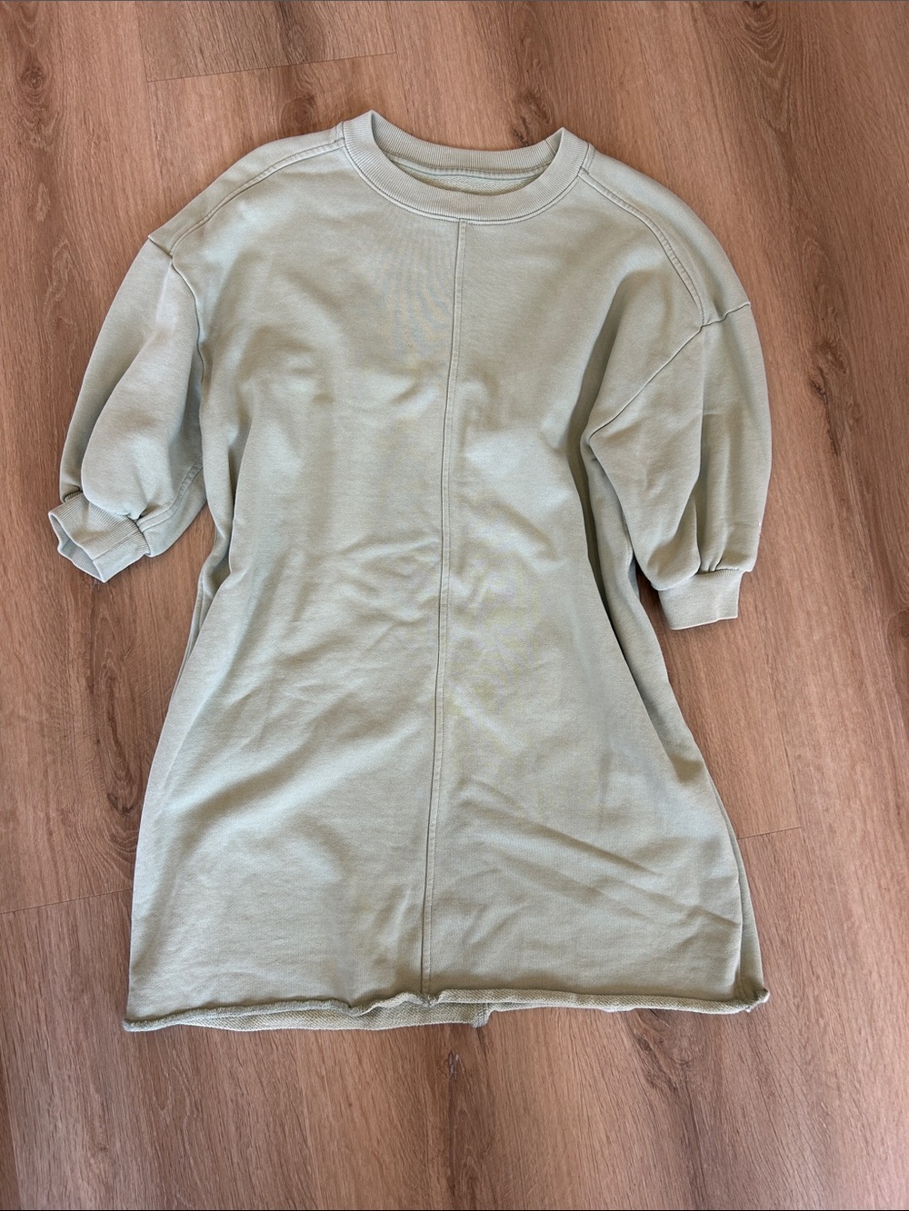 Everlane Sage Green Short Sleeve Sweatshirt Dress with Puff Sleeves